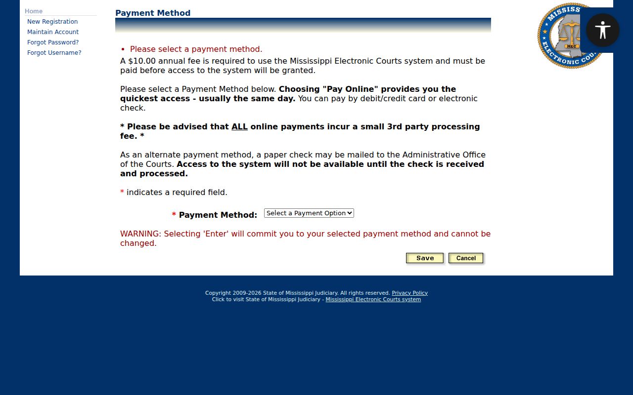 Stone County docket search PAMEC payment method screen