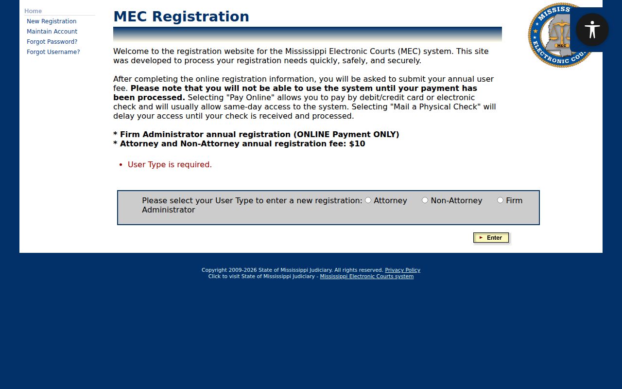 Stone County docket search PAMEC registration user-type screen