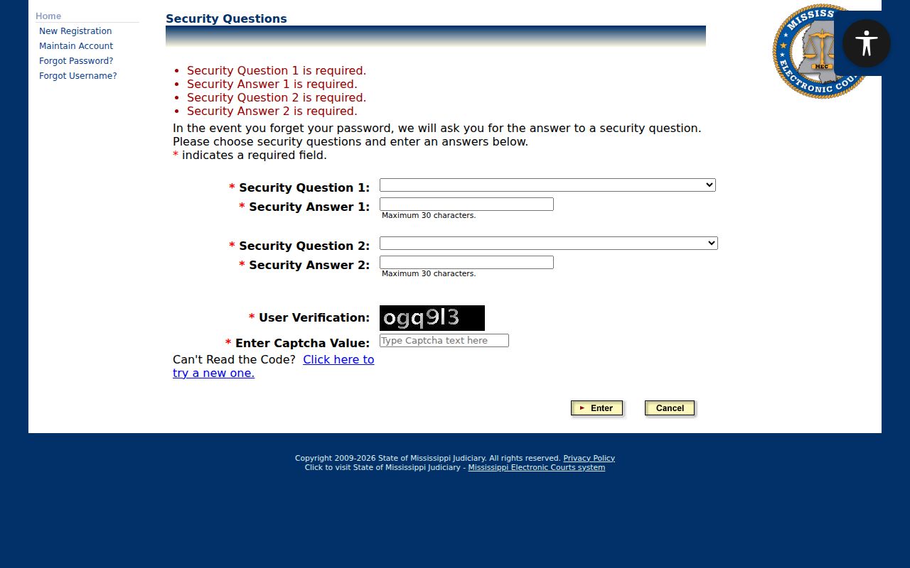 Stone County docket search PAMEC security question and verification screen