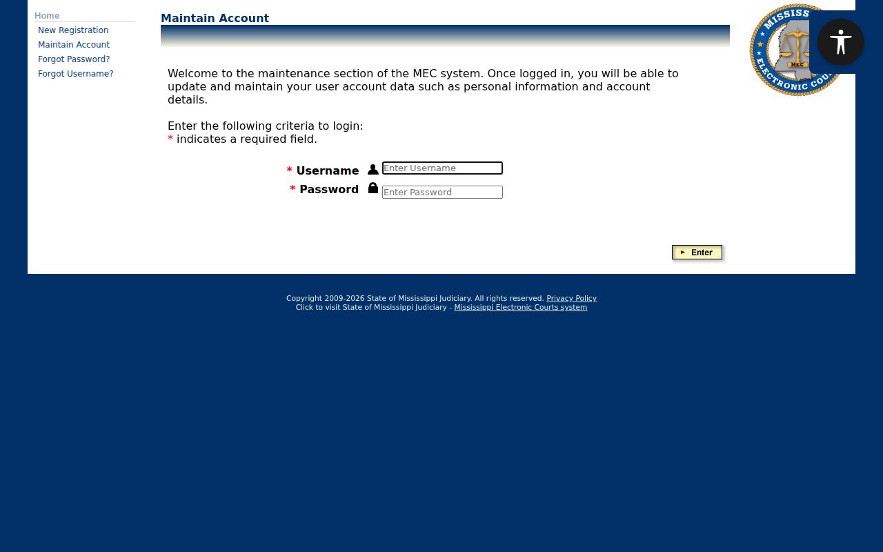 Stone County docket search access information on the Mississippi PAMEC registration page