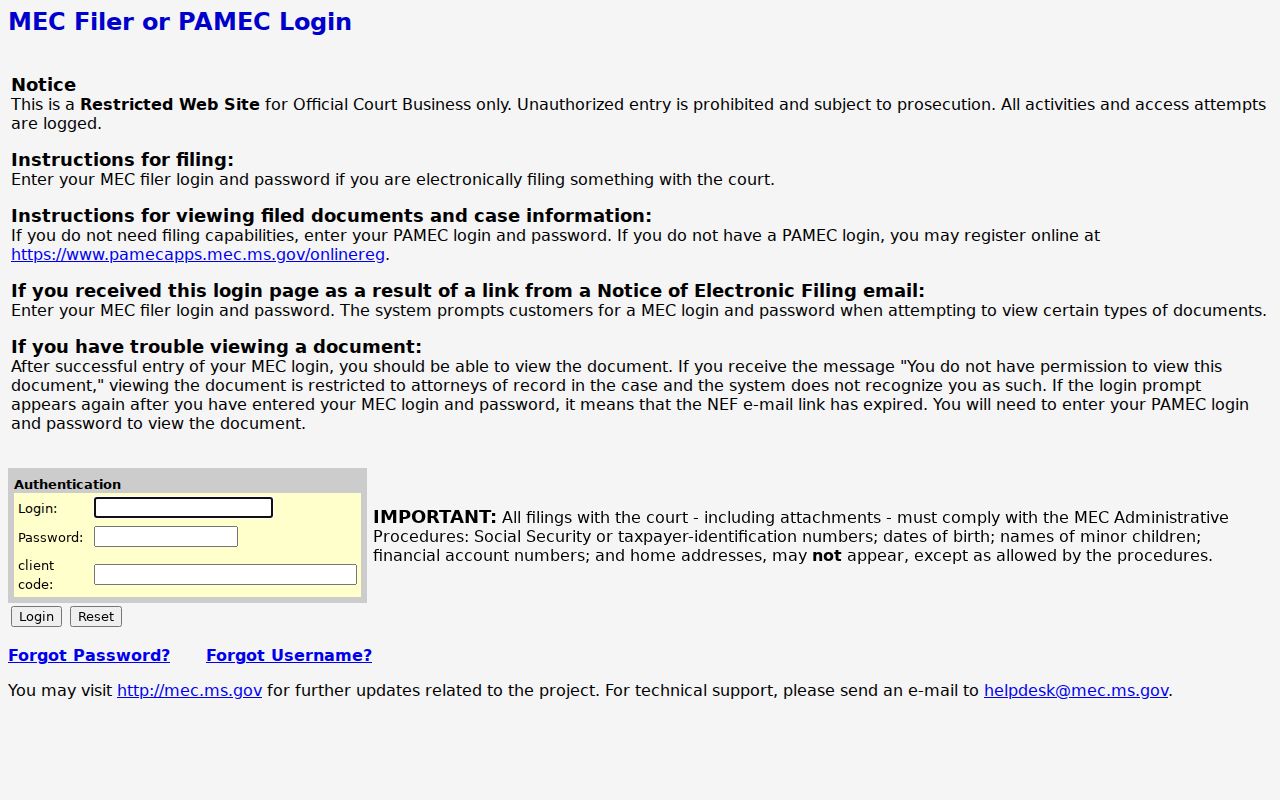 Stone County civil docket Eighth Chancery MEC login screen