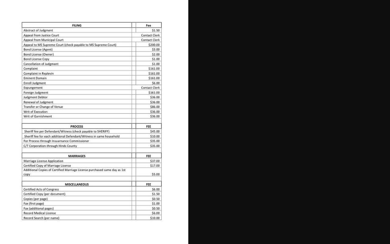 Stone County civil docket Circuit Clerk fee schedule
