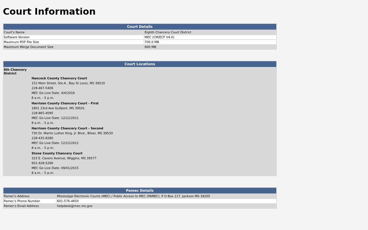 Stone County civil docket Eighth Chancery MEC court information