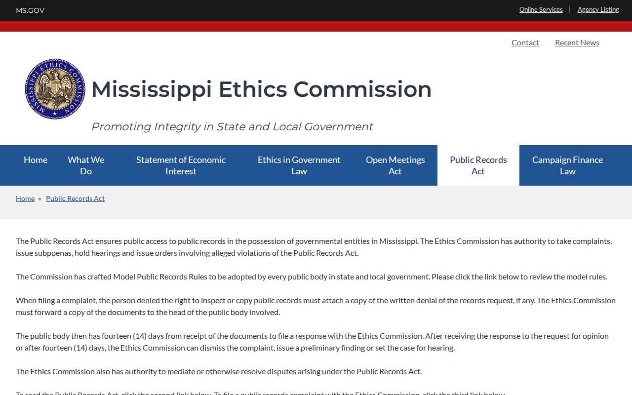 Stone County court case records Mississippi Ethics Commission public-records information