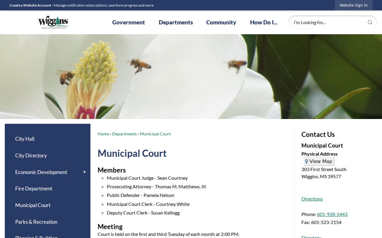 Wiggins court records Municipal Court staff and session information